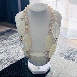 Cream Marbled Bead Statement Necklace Double Strand Crystal Accent